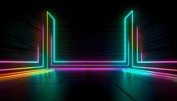 Futuristic Stage colorful neon lights stages room background and backdrop, empty podium for Product Display or Presentations, abstract modern, Perfect for Showcases and Modern Projects. 3D Rendering. photo