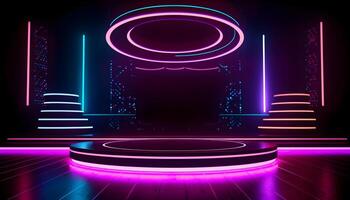 Futuristic Stage colorful neon lights stages room background and backdrop, empty podium for Product Display or Presentations, abstract modern, Perfect for Showcases and Modern Projects. 3D Rendering. photo