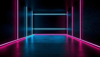 Futuristic Stage colorful neon lights stages room background and backdrop, empty podium for Product Display or Presentations, abstract modern, Perfect for Showcases and Modern Projects. 3D Rendering. photo