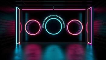 Futuristic Stage colorful neon lights stages room background and backdrop, empty podium for Product Display or Presentations, abstract modern, Perfect for Showcases and Modern Projects. 3D Rendering. photo