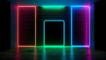 Futuristic Stage colorful neon lights stages room background and backdrop, empty podium for Product Display or Presentations, abstract modern, Perfect for Showcases and Modern Projects. 3D Rendering. photo