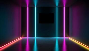 Futuristic Stage colorful neon lights stages room background and backdrop, empty podium for Product Display or Presentations, abstract modern, Perfect for Showcases and Modern Projects. 3D Rendering. photo