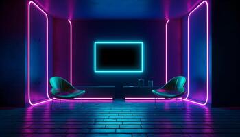 Futuristic Stage colorful neon lights stages room background and backdrop, empty podium for Product Display or Presentations, abstract modern, Perfect for Showcases and Modern Projects. 3D Rendering. photo