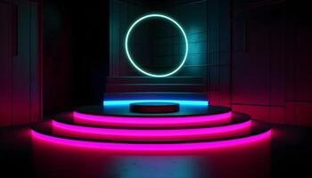 Futuristic Stage colorful neon lights stages room background and backdrop, empty podium for Product Display or Presentations, abstract modern, Perfect for Showcases and Modern Projects. 3D Rendering. photo