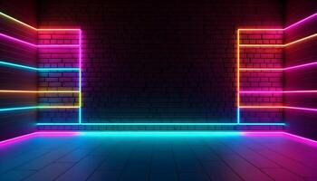 Futuristic Stage colorful neon lights stages room background and backdrop, empty podium for Product Display or Presentations, abstract modern, Perfect for Showcases and Modern Projects. 3D Rendering. photo