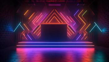 Futuristic Stage colorful neon lights stages room background and backdrop, empty podium for Product Display or Presentations, abstract modern, Perfect for Showcases and Modern Projects. 3D Rendering. photo