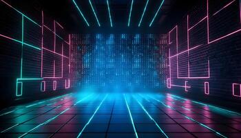 Futuristic Stage colorful neon lights stages room background and backdrop, empty podium for Product Display or Presentations, abstract modern, Perfect for Showcases and Modern Projects. 3D Rendering. photo