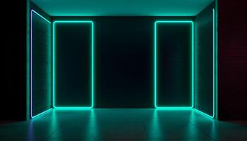 Futuristic Stage colorful neon lights stages room background and backdrop, empty podium for Product Display or Presentations, abstract modern, Perfect for Showcases and Modern Projects. 3D Rendering. photo