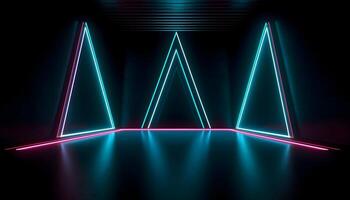 Futuristic Stage colorful neon lights stages room background and backdrop, empty podium for Product Display or Presentations, abstract modern, Perfect for Showcases and Modern Projects. 3D Rendering. photo