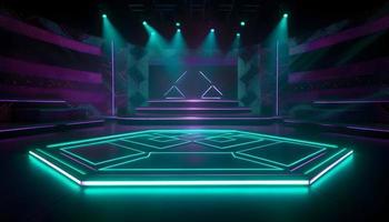 Futuristic Stage colorful neon lights stages room background and backdrop, empty podium for Product Display or Presentations, abstract modern, Perfect for Showcases and Modern Projects. 3D Rendering. photo