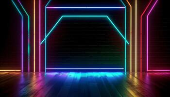 Futuristic Stage colorful neon lights stages room background and backdrop, empty podium for Product Display or Presentations, abstract modern, Perfect for Showcases and Modern Projects. 3D Rendering. photo