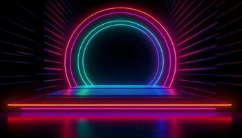 Futuristic Stage colorful neon lights stages room background and backdrop, empty podium for Product Display or Presentations, abstract modern, Perfect for Showcases and Modern Projects. 3D Rendering. photo