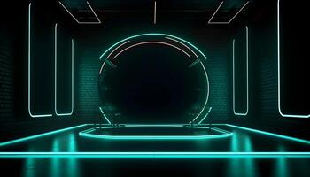 Futuristic Stage colorful neon lights stages room background and backdrop, empty podium for Product Display or Presentations, abstract modern, Perfect for Showcases and Modern Projects. 3D Rendering. photo