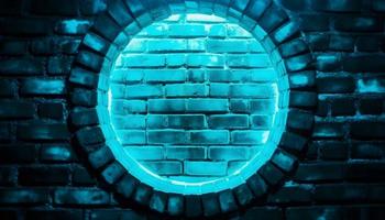 Bright circle neon light brick wall background and backdrop and some negative space. photo