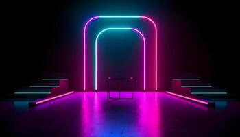 Futuristic Stage colorful neon lights stages room background and backdrop, empty podium for Product Display or Presentations, abstract modern, Perfect for Showcases and Modern Projects. 3D Rendering. photo