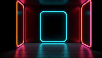 Futuristic Stage colorful neon lights stages room background and backdrop, empty podium for Product Display or Presentations, abstract modern, Perfect for Showcases and Modern Projects. 3D Rendering. photo