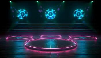 Futuristic Stage colorful neon lights stages room background and backdrop, empty podium for Product Display or Presentations, abstract modern, Perfect for Showcases and Modern Projects. 3D Rendering. photo