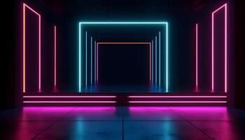 Futuristic Stage colorful neon lights stages room background and backdrop, empty podium for Product Display or Presentations, abstract modern, Perfect for Showcases and Modern Projects. 3D Rendering. photo