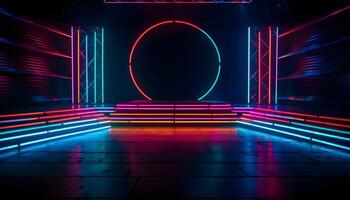 Futuristic Stage colorful neon lights stages room background and backdrop, empty podium for Product Display or Presentations, abstract modern, Perfect for Showcases and Modern Projects. 3D Rendering. photo