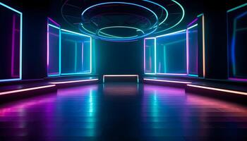 Futuristic Stage colorful neon lights stages room background and backdrop, empty podium for Product Display or Presentations, abstract modern, Perfect for Showcases and Modern Projects. 3D Rendering. photo