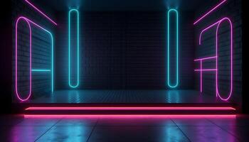Futuristic Stage colorful neon lights stages room background and backdrop, empty podium for Product Display or Presentations, abstract modern, Perfect for Showcases and Modern Projects. 3D Rendering. photo