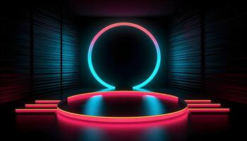 Futuristic Stage colorful neon lights stages room background and backdrop, empty podium for Product Display or Presentations, abstract modern, Perfect for Showcases and Modern Projects. 3D Rendering. photo