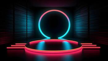 Futuristic Stage colorful neon lights stages room background and backdrop, empty podium for Product Display or Presentations, abstract modern, Perfect for Showcases and Modern Projects. 3D Rendering. photo