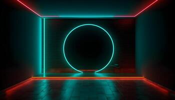 Futuristic Stage colorful neon lights stages room background and backdrop, empty podium for Product Display or Presentations, abstract modern, Perfect for Showcases and Modern Projects. 3D Rendering. photo