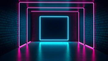 Futuristic Stage colorful neon lights stages room background and backdrop, empty podium for Product Display or Presentations, abstract modern, Perfect for Showcases and Modern Projects. 3D Rendering. photo