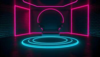 Futuristic Stage colorful neon lights stages room background and backdrop, empty podium for Product Display or Presentations, abstract modern, Perfect for Showcases and Modern Projects. 3D Rendering. photo