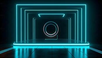 Futuristic Stage colorful neon lights stages room background and backdrop, empty podium for Product Display or Presentations, abstract modern, Perfect for Showcases and Modern Projects. 3D Rendering. photo