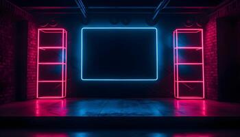 Futuristic Stage colorful neon lights stages room background and backdrop, empty podium for Product Display or Presentations, abstract modern, Perfect for Showcases and Modern Projects. 3D Rendering. photo