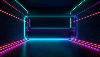 Futuristic Stage colorful neon lights stages room background and backdrop, empty podium for Product Display or Presentations, abstract modern, Perfect for Showcases and Modern Projects. 3D Rendering. photo