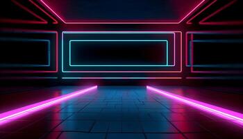 Futuristic Stage colorful neon lights stages room background and backdrop, empty podium for Product Display or Presentations, abstract modern, Perfect for Showcases and Modern Projects. 3D Rendering. photo