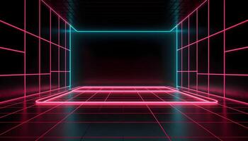 Futuristic Stage colorful neon lights stages room background and backdrop, empty podium for Product Display or Presentations, abstract modern, Perfect for Showcases and Modern Projects. 3D Rendering. photo