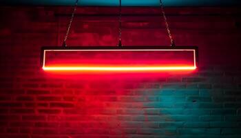 Hanging bright red rectangle neon light sign, background and backdrop and some negative space at the center. photo