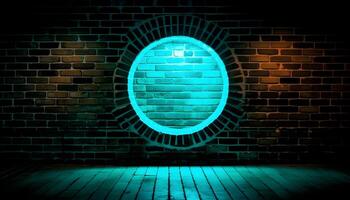 Bright circle neon light brick wall background and backdrop and some negative space. photo