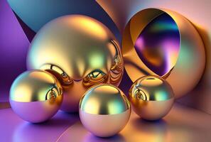 Holographic and golden glossy 3d spheres abstract background. photo