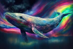 Colorful holographic whale concept drawing. photo