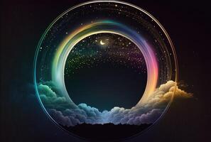 Neon holographic circle in night starry cloudy sky. photo
