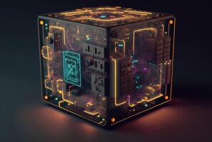 Glowing neon circuit board cube tech background. photo