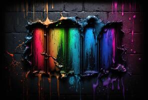 Colorful liquid paints on brick wall. photo