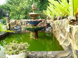 antiguo cubierto de musgo ducha con un pequeño piscina de verde agua foto