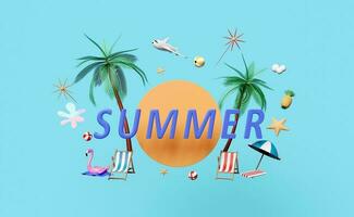 summer travel with beach chair, ball, umbrella, plane, inflatable flamingo, coconut palm tree, starfish, pineapple isolated on blue. abstract background, 3d illustration or 3d render photo