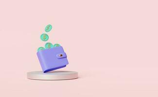 wallet with dollar coin, piggy bank, stage podium isolated on pink background. saving money concept, 3d illustration, 3d render photo