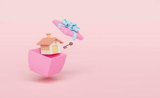 house with key in pink gift box isolated on pink background. business idea tip concept, minimal abstract, 3d illustration or 3d render photo