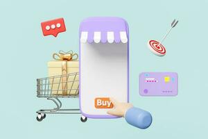 3d purple mobile phone, smartphone with store front, hand pointing finger, shopping cart, basket, gift box, credit card isolated on blue. online shopping, 3d illustration render, clipping path photo