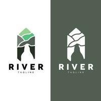 River Logo, Streamer Vector, River Bank, Mountains And Farm Design, Illustration Symbol Icon vector