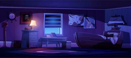 Kids bedroom interior in pirate thematic at night vector