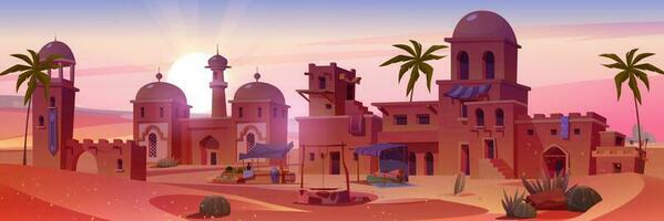 dibujos animados antiguo árabe ciudad en Desierto a puesta de sol vector